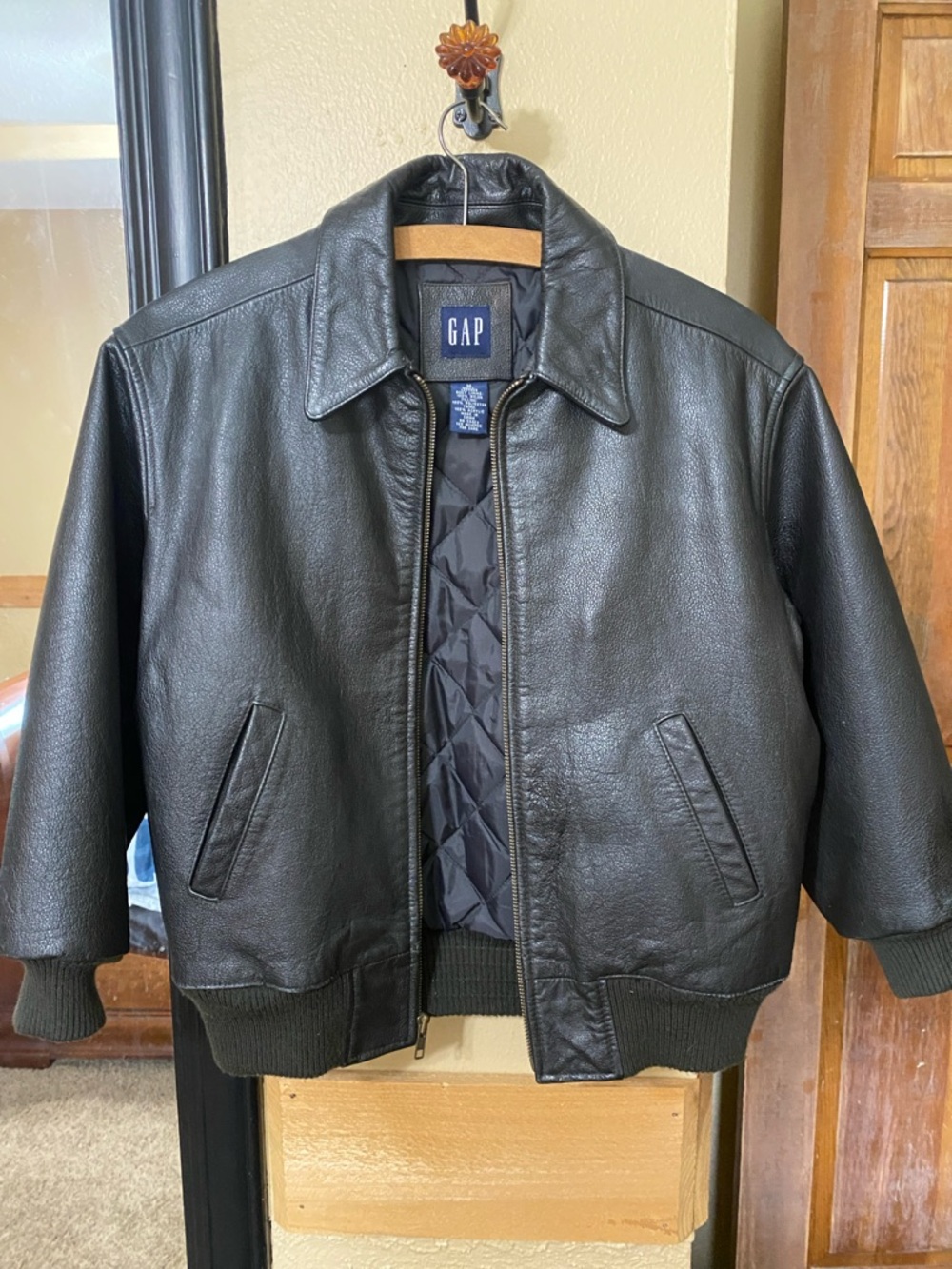 GAP Black Leather Bomber Jacket with Quilted Interior